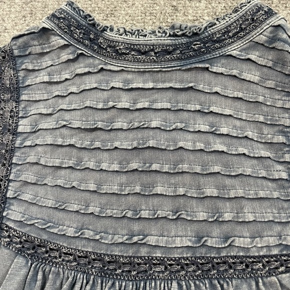 Free People Le Femme Ruffled Pintuck Top Blouse Med Blue Boho Babydoll Peasant - Picture 4 of 12